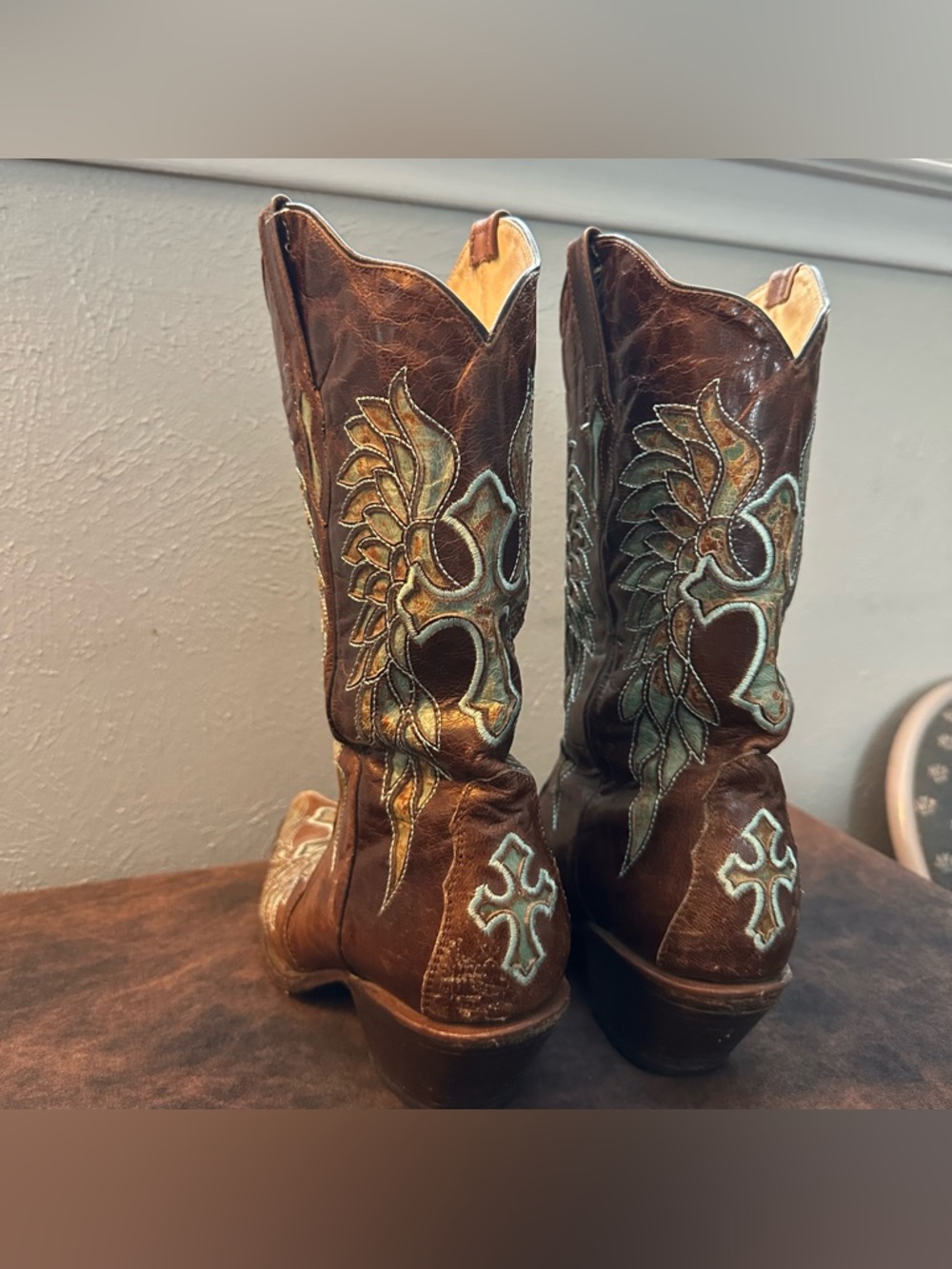 Rock N Soul Couture Embroidered Copper Leather Cowboy Boots Turquoise Accents - Picture 8 of 11